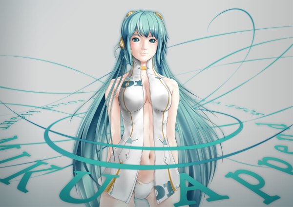 Anime picture 2480x1753 with vocaloid vocaloid append hatsune miku hatsune miku (append) kirin404 single looking at viewer highres light erotic very long hair aqua eyes aqua hair open clothes girl navel underwear panties headphones