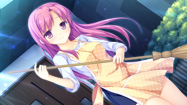 Anime picture 1920x1080 with world election whirlpool (studio) kehouin satsuki single long hair looking at viewer highres wide image purple eyes pink hair game cg girl apron broom