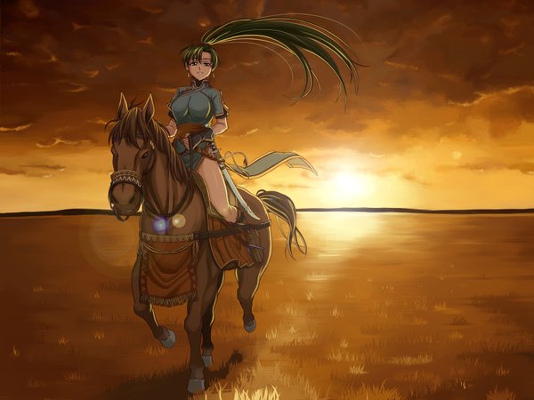 Anime picture 1600x1200 with fire emblem fire emblem: the blazing blade nintendo lyndis (fire emblem) shunzou long hair green eyes ponytail green hair evening sunset field girl weapon animal sword horse