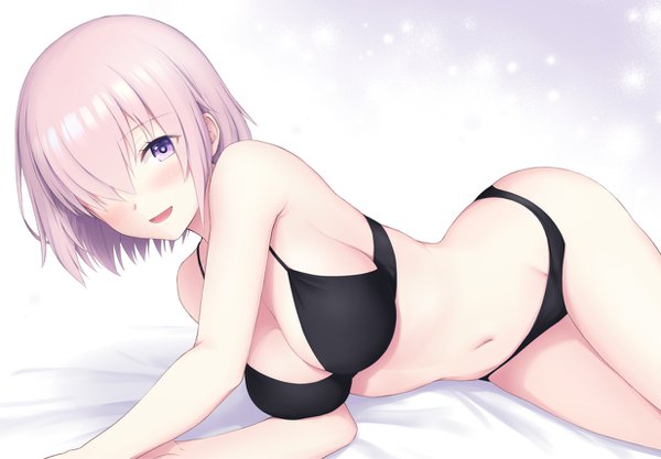Anime picture 1234x858 with fate (series) fate/grand order mash kyrielight chacharan single looking at viewer blush fringe short hair breasts open mouth light erotic simple background smile large breasts purple eyes bare shoulders pink hair cleavage lying