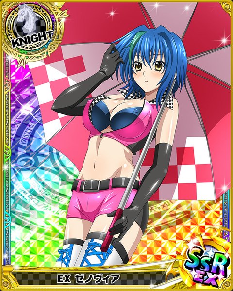 Anime picture 640x800 with highschool dxd xenovia quarta single tall image blush short hair breasts open mouth light erotic yellow eyes blue hair multicolored hair two-tone hair midriff streaked hair card (medium) girl gloves navel black gloves