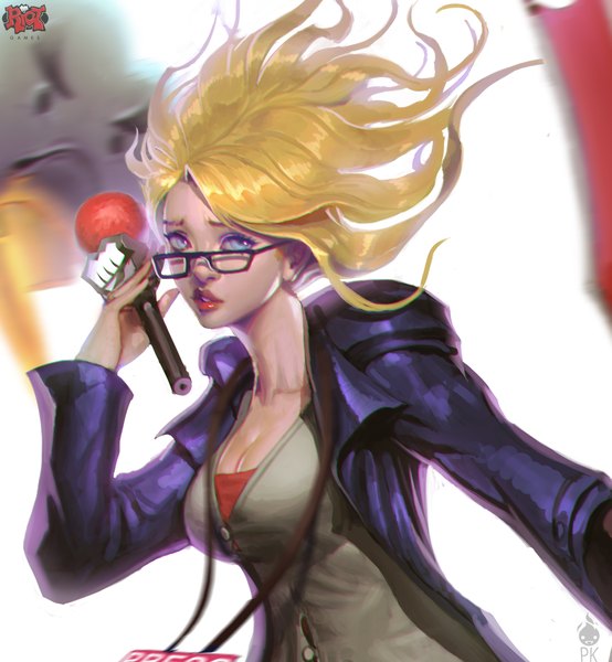 Anime picture 2155x2332 with league of legends janna windforce paul (shiramune) single long hair tall image highres breasts blue eyes simple background blonde hair white background lips realistic lipstick red lipstick girl glasses microphone clothes