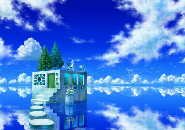 Anime picture 1158x818 with original fuumi (kazami) short hair standing sky cloud (clouds) white hair wind back reflection dress flower (flowers) plant (plants) tree (trees) water bunny house chamomile