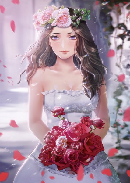 Anime picture 570x800 with original hanato (seonoaiko) single long hair tall image looking at viewer blush breasts brown hair standing purple eyes bare shoulders holding upper body hair flower light smile wind lips sunlight sleeveless