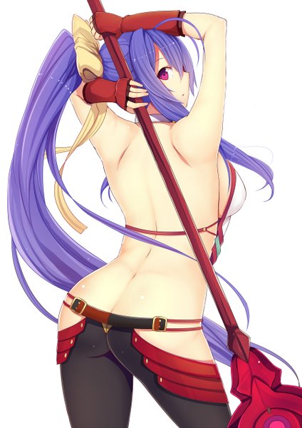 Anime picture 900x1272 with blazblue mai natsume daiaru single tall image breasts light erotic simple background white background purple eyes blue hair ass ponytail very long hair black background genderswap girl gloves bow weapon