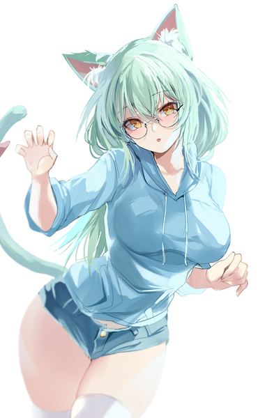 Anime picture 2100x3400 with original zerocat single long hair tall image looking at viewer blush fringe highres breasts open mouth simple background hair between eyes standing white background animal ears yellow eyes tail head tilt animal tail