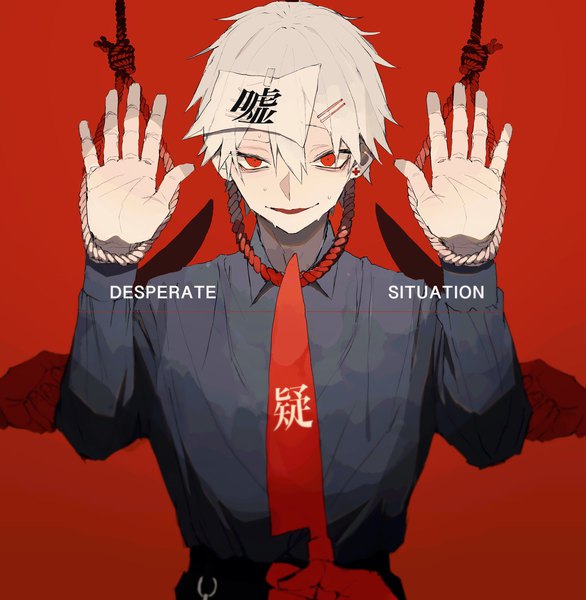 Anime picture 2001x2048 with original sakusya2honda single tall image looking at viewer fringe highres short hair simple background hair between eyes red eyes upper body white hair arms up sweat piercing ear piercing red background boy shirt