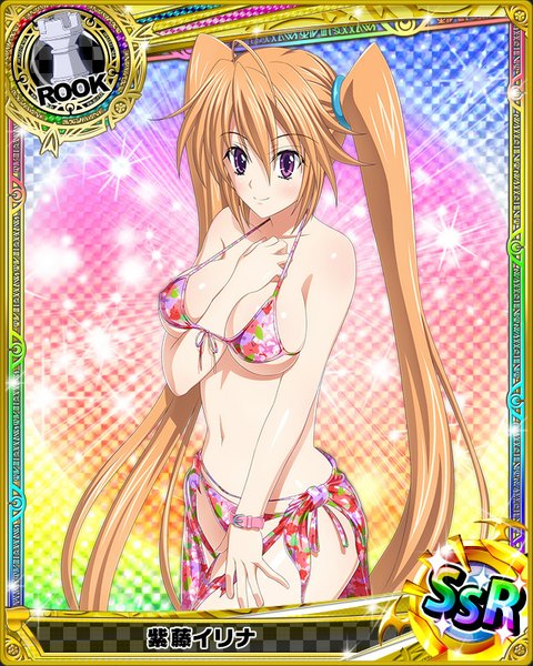 Anime picture 640x800 with highschool dxd shidou irina single tall image looking at viewer blush breasts light erotic smile brown hair purple eyes twintails very long hair torn clothes card (medium) girl navel swimsuit bikini