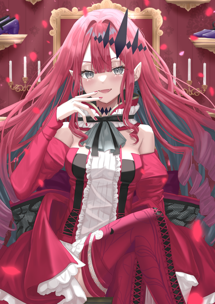 Anime picture 947x1336 with fate (series) fate/grand order baobhan sith (fate) sakurasakimasu4 single long hair tall image looking at viewer fringe open mouth hair between eyes sitting pink hair indoors nail polish :d pointy ears grey eyes crossed legs red nail polish