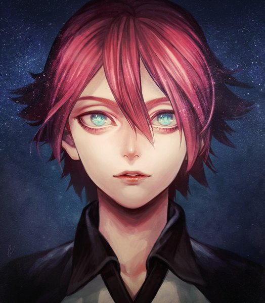 Anime picture 2190x2510 with inazuma eleven kiyama hiroto fioletovyy single tall image looking at viewer fringe highres short hair blue eyes hair between eyes signed upper body red hair parted lips lips portrait dark background shiny boy