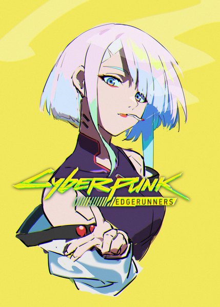 Anime picture 3000x4200 with cyberpunk edgerunners studio trigger lucy (cyberpunk) qingli green single tall image looking at viewer fringe highres short hair blue eyes simple background silver hair upper body copyright name smoke yellow background smoking girl cigarette
