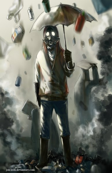 Anime picture 792x1224 with original jon-lock (artist) single tall image looking at viewer standing boy gloves hood umbrella gas mask garbage