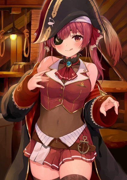 Anime picture 905x1280 with virtual youtuber hololive houshou marine racchi. single long hair tall image looking at viewer blush light erotic red eyes red hair indoors pleated skirt off shoulder midriff zettai ryouiki covered navel girl thighhighs