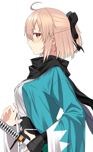 Anime picture 2469x4000 with fate (series) fate/grand order koha-ace okita souji (fate) (all) okita souji (koha-ace) jun (aousa0328) single tall image looking at viewer blush fringe highres short hair breasts simple background blonde hair hair between eyes white background yellow eyes upper body