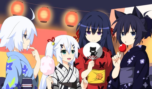 Anime picture 3400x2000 with original shikniful long hair highres short hair open mouth blue eyes black hair smile wide image purple eyes twintails multiple girls animal ears ahoge white hair traditional clothes japanese clothes cat ears girl