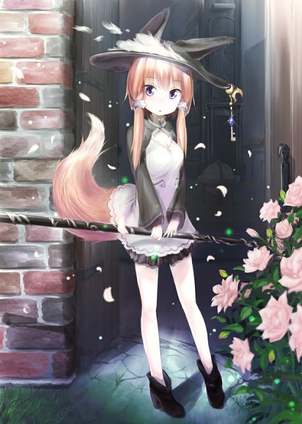 Anime picture 750x1050 with original hellnyaa single long hair tall image looking at viewer fringe purple eyes twintails holding animal ears tail parted lips animal tail wind orange hair fox ears fox tail fox girl girl