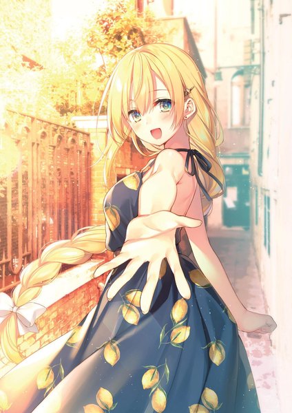 Anime picture 1358x1920 with original toosaka asagi single long hair tall image looking at viewer blush fringe breasts open mouth blue eyes blonde hair smile hair between eyes standing outdoors braid (braids) :d wind scan