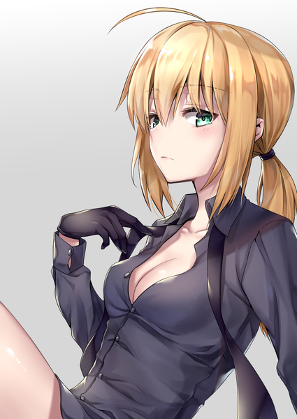 Anime picture 1032x1457 with fate (series) fate/grand order fate/zero artoria pendragon (all) saber hane yuki single long hair tall image looking at viewer fringe breasts hair between eyes standing white background sitting holding cleavage ahoge profile