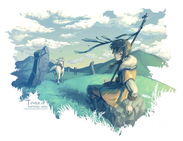 Anime picture 1200x922 with original akru (artist) short hair blue eyes brown hair sitting sky cloud (clouds) girl boy horse
