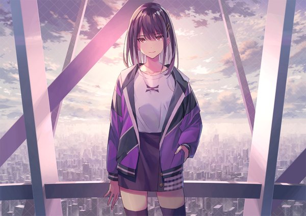Anime picture 1600x1131 with original koh rd single long hair fringe breasts black hair smile hair between eyes standing brown eyes sky cloud (clouds) long sleeves blurry open jacket depth of field zettai ryouiki city cityscape