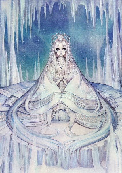 Anime picture 600x849 with snow queen snow queen (character) obsidian single tall image blue eyes sitting sky silver hair very long hair traditional clothes grey hair aqua hair wide sleeves kneeling pale skin seiza grey skin cold korean clothes
