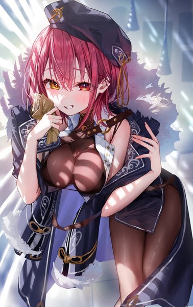 Anime picture 1000x1589 with virtual youtuber hololive houshou marine houshou marine (6th costume) misekiss single tall image fringe short hair breasts light erotic smile hair between eyes red hair leaning leaning forward heterochromia grin official alternate costume girl