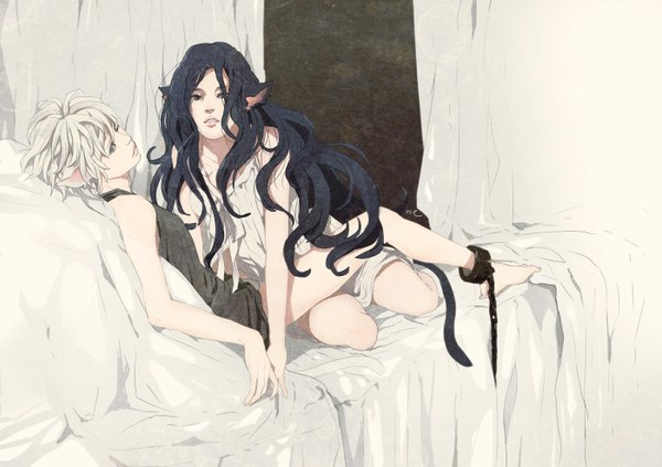 Anime picture 1400x988 with original sumishuu long hair looking at viewer fringe short hair open mouth blue eyes light erotic sitting bare shoulders multiple girls signed animal ears blue hair white hair lying barefoot cat ears teeth
