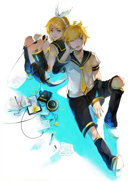 Anime picture 1000x1407 with vocaloid kagamine rin kagamine len nineo tall image fringe short hair open mouth blonde hair white background sitting yellow eyes looking away full body ponytail nail polish one eye closed from above twins back to back