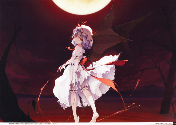 Anime picture 3459x2455 with touhou remilia scarlet ke-ta single looking at viewer fringe highres short hair smile red eyes standing absurdres purple hair outdoors head tilt looking back barefoot lips from behind night