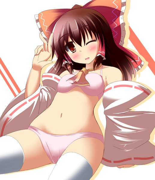 Anime picture 1932x2244 with touhou hakurei reimu liya single long hair tall image blush highres light erotic red eyes brown hair one eye closed wink girl thighhighs underwear panties bow hair bow detached sleeves