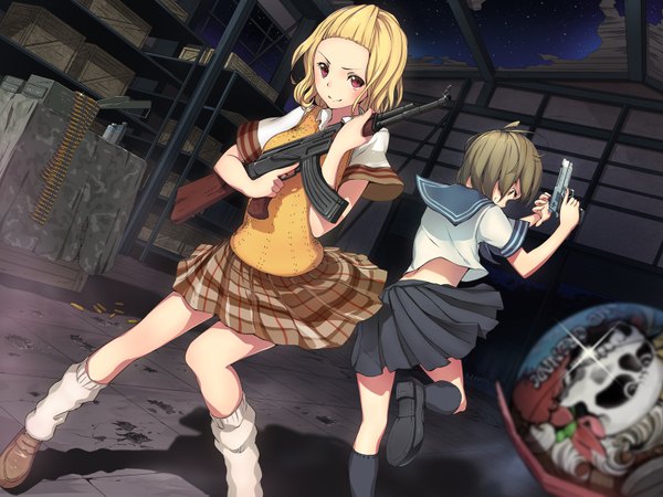 Anime picture 1600x1200 with original kamome yuu looking at viewer blush short hair blonde hair smile red eyes brown hair multiple girls lens flare girl skirt weapon 2 girls miniskirt socks serafuku gun black socks