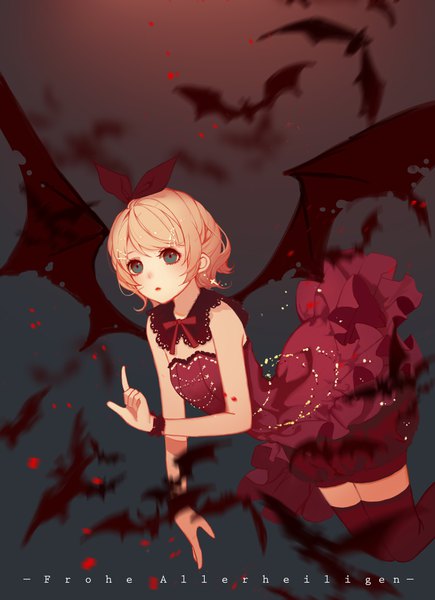 Anime picture 3058x4220 with vocaloid kagamine rin huangfu facai single tall image highres short hair blonde hair looking away absurdres bent knee (knees) aqua eyes zettai ryouiki dark background bat wings girl thighhighs dress bow hair bow