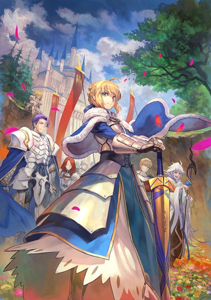 Anime picture 844x1200 with fate (series) fate/grand order fate/stay night fate/apocrypha fate/extra artoria pendragon (all) saber mordred (fate) merlin (fate) gawain (fate) bedivere (fate) lancelot (fate/grand order) tristan (fate) lack tall image short hair blonde hair standing multiple girls green eyes