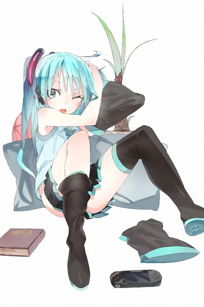 Anime picture 1334x2000 with vocaloid hatsune miku karei (hirameme) single long hair tall image open mouth simple background white background sitting twintails aqua eyes aqua hair undressing girl skirt detached sleeves headphones pillow book (books)