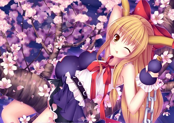 Anime picture 1000x708 with touhou ibuki suika nanahosi seiiki (artist) long hair blush brown hair yellow eyes one eye closed horn (horns) wink cherry blossoms :p girl bow hair bow petals chain