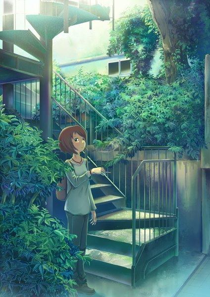 Anime picture 2480x3508 with original mitsuki (yu hsiang yi) single tall image looking at viewer highres short hair brown hair standing light smile sunlight scenic girl plant (plants) bracelet pendant pants stairs backpack cigarette