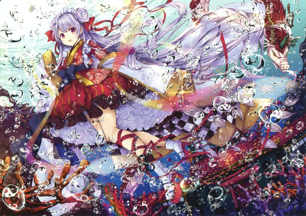 Anime picture 3000x2119 with original eshi 100-nin ten umino mizu single looking at viewer fringe highres open mouth red eyes silver hair full body very long hair scan wide sleeves hair bun (hair buns) depth of field floral print underwater fantasy checkered