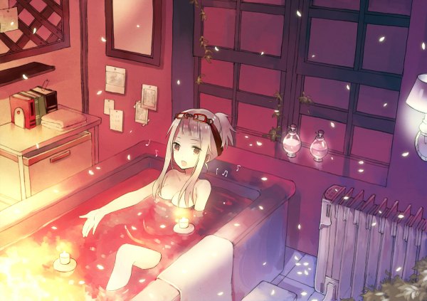 Anime picture 1200x847 with original matuha syu single looking at viewer fringe breasts open mouth light erotic nude girl plant (plants) petals glasses window towel fire paper lamp mirror musical note