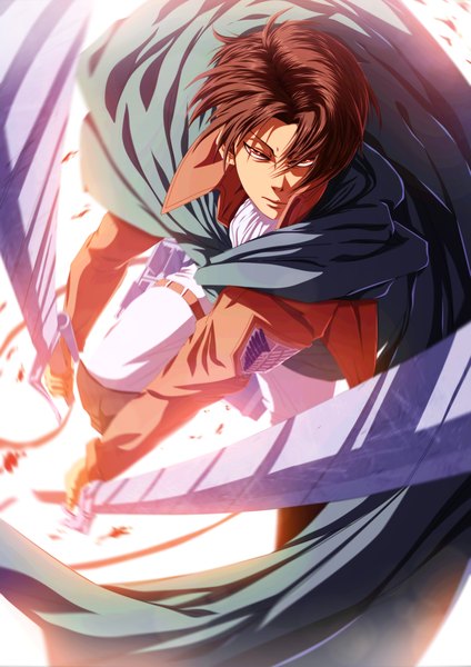 Anime picture 1800x2544 with shingeki no kyojin production i.g levi (rivaille) deohvi single tall image highres short hair brown hair holding sunlight orange eyes coloring dual wielding boy weapon sword blood cape cloak