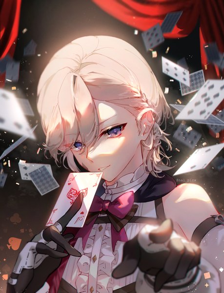 Anime picture 1542x2017 with genshin impact lyney (genshin impact) nai pizx single tall image looking at viewer fringe short hair blonde hair hair between eyes purple eyes holding signed upper body twitter username shaded face no hat boy gloves card (cards)