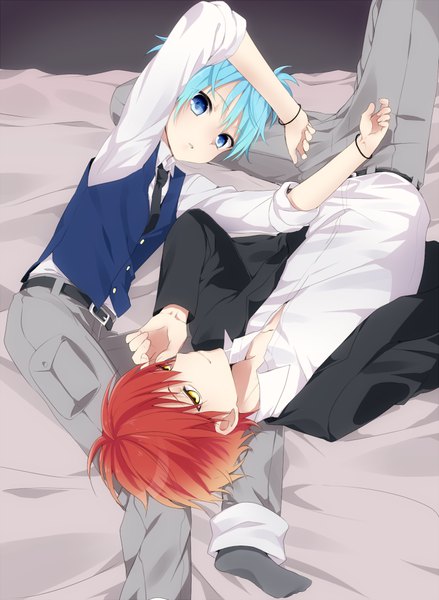 Anime picture 703x960 with ansatsu kyoushitsu shiota nagisa akabane karma hi-ma tall image looking at viewer fringe short hair blue eyes hair between eyes yellow eyes blue hair red hair lying light smile arms up multiple boys reclining shounen ai twisty sleeves