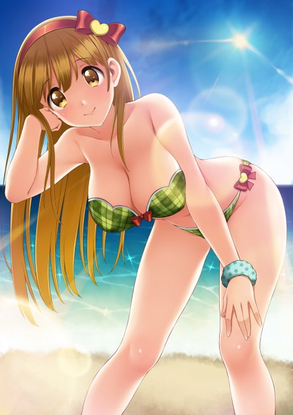 Anime picture 1000x1414 with original ren san single long hair tall image looking at viewer blush breasts light erotic blonde hair smile yellow eyes sky cloud (clouds) beach lens flare girl swimsuit bikini hairband