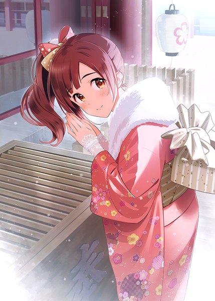 Anime picture 715x1000 with idolmaster idolmaster cinderella girls igarashi kyouko jumping dogeza single long hair tall image looking at viewer fringe smile standing outdoors ponytail red hair traditional clothes japanese clothes wide sleeves orange eyes leaning leaning forward