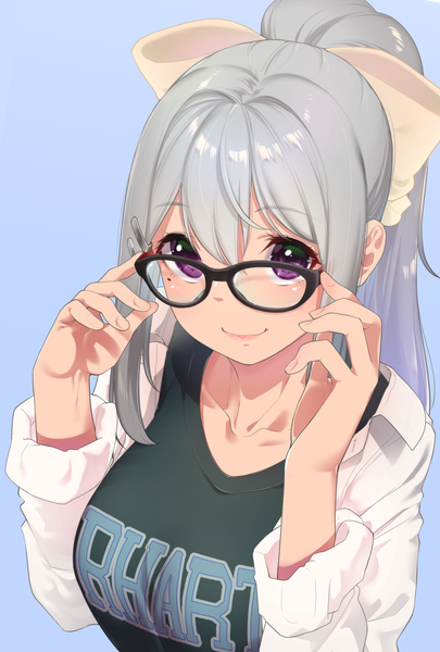 Anime picture 1378x2039 with virtual youtuber nijisanji higuchi kaede hisayaki kyuu single long hair tall image looking at viewer blush fringe breasts simple background hair between eyes purple eyes payot upper body ponytail from above light smile grey hair
