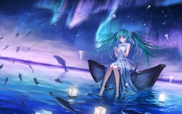 Anime picture 1920x1201 with vocaloid hatsune miku sombernight single long hair highres blue eyes sitting twintails aqua hair night aurora borealis girl dress animal fish (fishes) watercraft boat