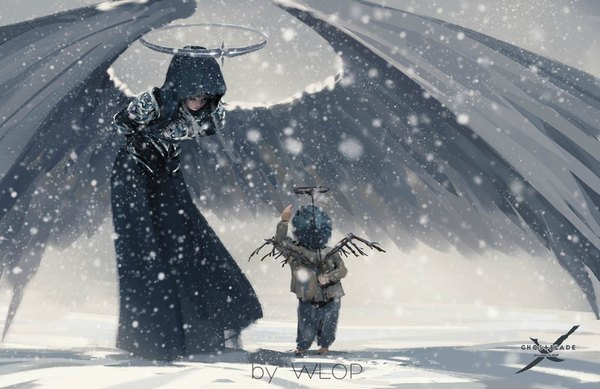 Anime picture 1600x1038 with ghost blade wlop long hair short hair signed blue hair silver hair barefoot arm up from behind leaning leaning forward copyright name snowing winter snow hands behind back angel wings arm behind back white wings