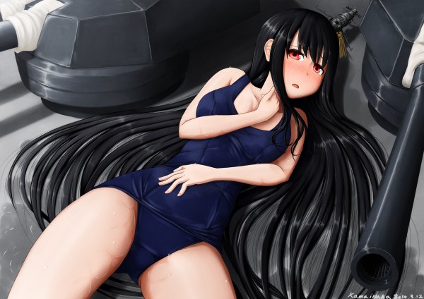 Anime picture 1200x848 with kantai collection fusou battleship kama iruka single long hair looking at viewer blush open mouth light erotic black hair red eyes signed girl hair ornament weapon swimsuit one-piece swimsuit school swimsuit watercraft ship