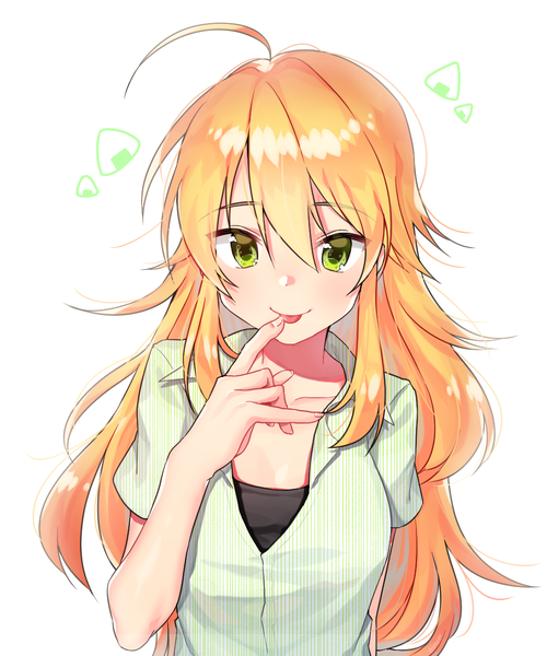 Anime picture 1000x1200 with idolmaster hoshii miki taemin (artist) single long hair tall image looking at viewer fringe blonde hair simple background hair between eyes white background green eyes ahoge upper body finger to mouth girl tongue