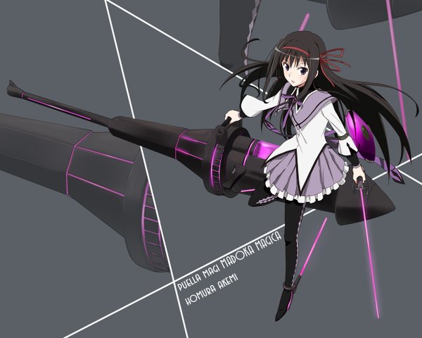 Anime picture 1280x1024 with mahou shoujo madoka magica shaft (studio) akemi homura saitoyu00 single long hair black hair black eyes girl ribbon (ribbons) weapon hair ribbon sword hairband