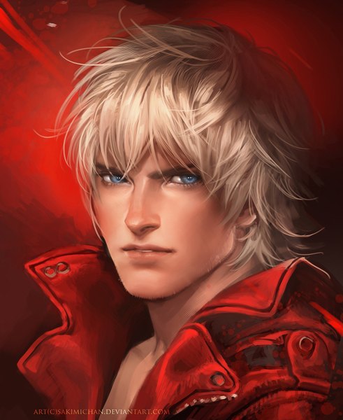 Anime picture 1494x1825 with devil may cry dante (devil may cry) sakimichan single tall image short hair white hair realistic inscription red background bristle boy choker